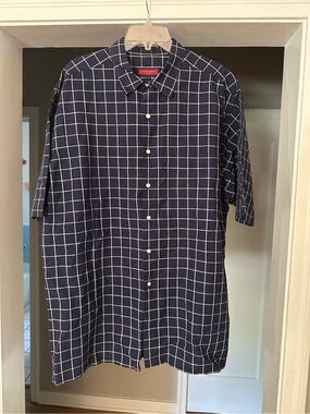 Austin Reed Navy Windowpane Short Sleeve Button-Down Shirt